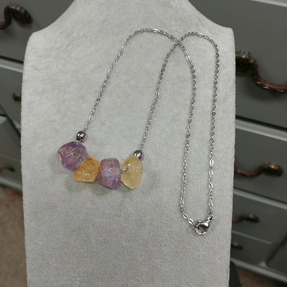 Citrine Amethyst Necklace Natural Gemstone Crystal Pendant Stainless-Steel 19.5" - Picture 8 of 11
